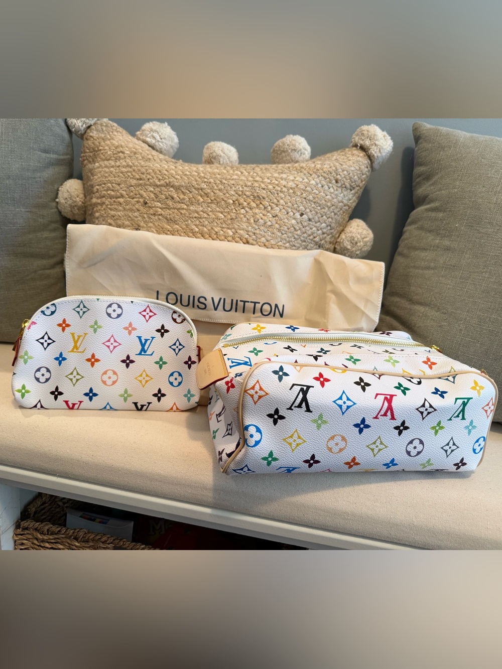 L V White Multicolor Monogram Cosmetic Pouch Duo